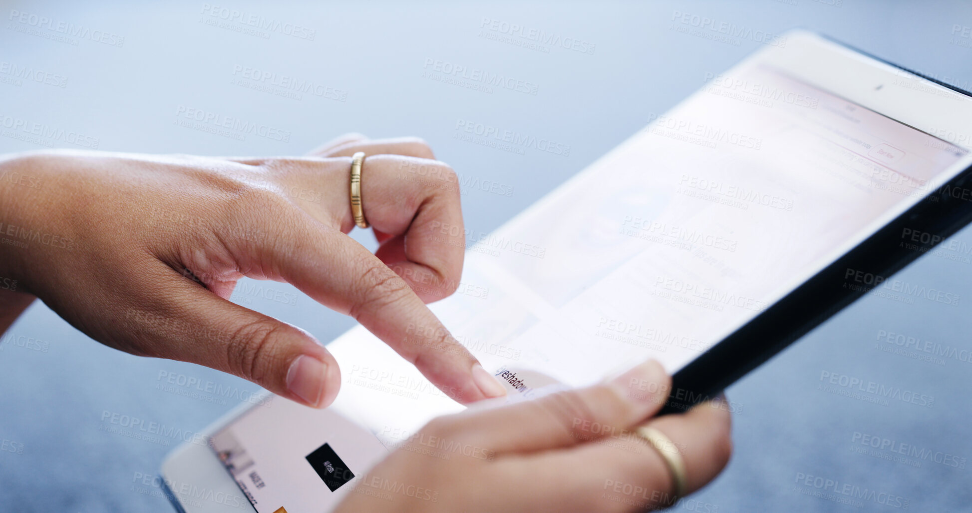 Buy stock photo Finger, search and tablet screen with business person closeup in office for connectivity. App, internet and scroll with hand of employee in workplace for agenda, networking or online schedule