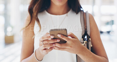 Buy stock photo Hands, business woman and phone for communication with notification, social media post or online search. Female person, mobile app for chat or check email from professional contact with networking
