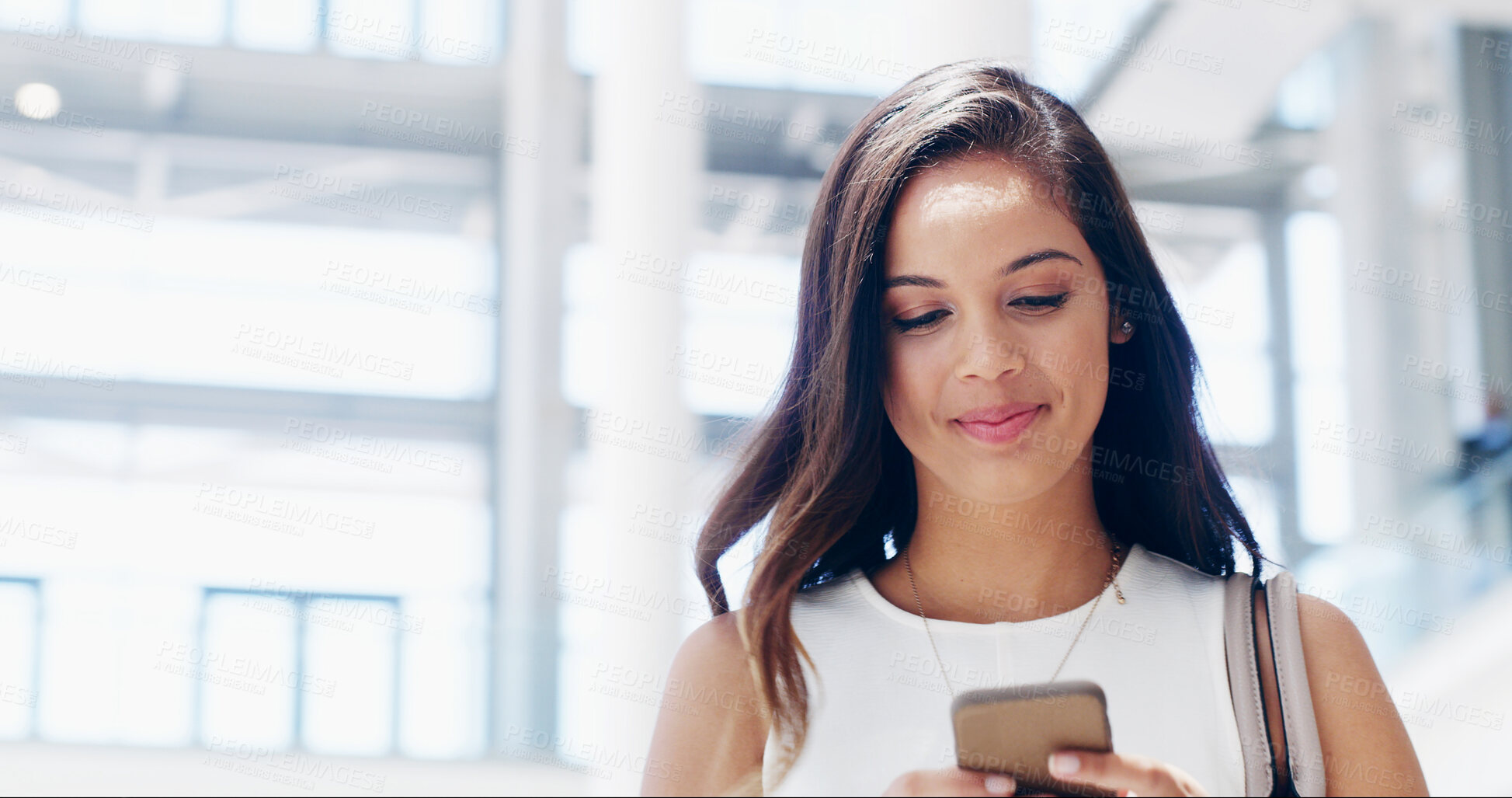 Buy stock photo Business. woman and mobile phone for reading at office for notification, social media or online communication. Female person, app for chat or check email from professional contact at workplace