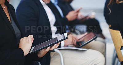 Buy stock photo Hands, tablet and business people in audience, notes and budget with finance at seminar for growth in economy. Person, typing and crowd in hall, attention and digital touchscreen or app at convention