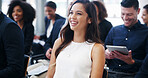 Business, meeting and woman with laughing in audience for ice breaker, funny presentation or finance workshop. Conference, people or listen at work event for group mentorship, happy and career growth