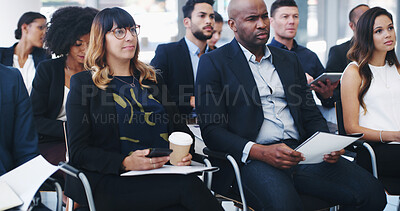 Buy stock photo Event, audience and seminar with business people at conference for speech, convention and workshop. Presentation, crowd and learning with group of employees corporate, support and tradeshow together