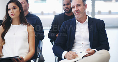 Buy stock photo Learning, audience and seminar with business people at conference for speech, convention and workshop. Presentation, crowd and event with group of employees corporate, support and tradeshow together