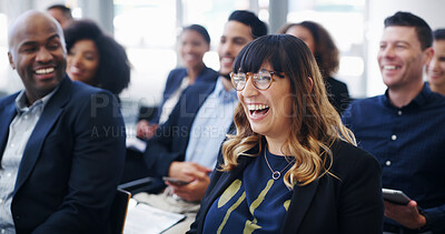 Buy stock photo Business, seminar and woman with laughing in audience for financial training, ice breaker and funny presentation. Conference room, people or happy for employee engagement, feedback joke or work event
