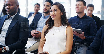 Buy stock photo Event, smile and seminar with business woman at conference for speech, convention and workshop. Presentation, crowd and learning with group of people corporate, support and audience together