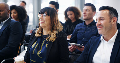 Buy stock photo Laugh, audience and seminar with business people at conference for speech, convention and workshop. Presentation, crowd and event with group of employees corporate, support and tradeshow together