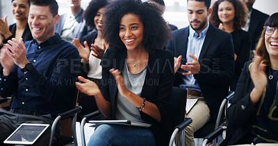 Buy stock photo Business woman, group and applause at conference for corporate event, smile with support and praise. Audience, team and professional people clapping for seminar success, congratulations or cheers