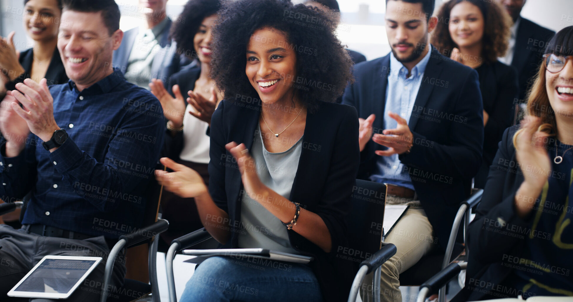 Buy stock photo Business woman, group and applause at conference for corporate event, smile with support and praise. Audience, team and professional people clapping for seminar success, congratulations or cheers