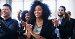 Business woman, group and applause at seminar for corporate event, smile with support and praise. Audience, team and professional people clapping for conference success, congratulations or cheers