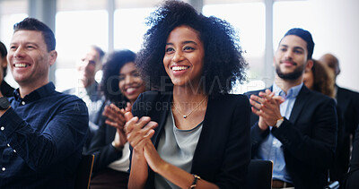 Buy stock photo Business woman, group and applause at seminar for corporate event, smile with support and praise. Audience, team and professional people clapping for conference success, congratulations or cheers