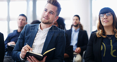 Buy stock photo Notebook, audience and seminar with business man at conference for speech, convention and workshop. Presentation, crowd and learning with group of people corporate, writing and event together