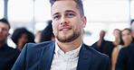 Businessman, happy and listen in audience at conference, attention or learning at corporate finance company. Person, smile and crowd at global convention for stock market, IPO or launch for investing