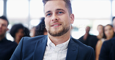 Buy stock photo Businessman, happy and listen in audience at conference, attention or learning at corporate finance company. Person, smile and crowd at global convention for stock market, IPO or launch for investing