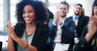 Buy stock photo Professional woman, group and applause at conference for corporate event, smile with support and praise. Audience, team and business people clapping for seminar success, congratulations or cheers