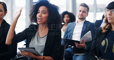 Buy stock photo Question, tablet and seminar with business woman at conference for speech, discussion and workshop. Presentation, crowd and learning with group of people for corporate, tradeshow and event together