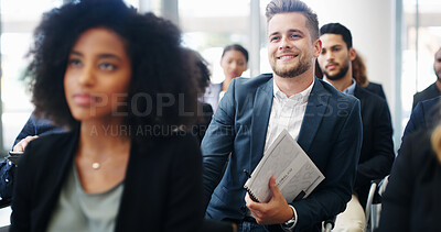 Buy stock photo Smile, listening and seminar with business man at conference for speech, convention and workshop. Presentation, crowd and learning with group of people for corporate, news and event together