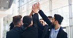 Business people, high five or hands together for success, victory or meeting for corporate support. Solidarity, group or partnership collaboration for teamwork, target or staff synergy for motivation