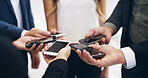 Hands, business people and phone in circle at office for networking, connection and mockup space for app. Team, together and huddle with smartphone, synergy and screen for career at corporate agency