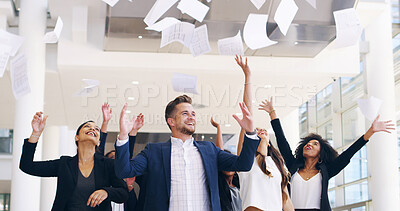 Buy stock photo Business people, celebration and throw documents for success at office with motivation, excited or goal at agency. Team work, happy and cheers with winning, profit or achievement with finance company