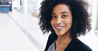 Buy stock photo Business woman, smile and portrait in lobby for confidence, professional and career in news agency. Journalist, editor and happy in office for company development, welcome or pride for occupation