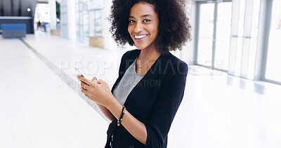Buy stock photo Business woman, cellphone and smile in office lobby with social media, email or convention networking. Communication, internet and consultant with phone, mobile app and chat online for conference