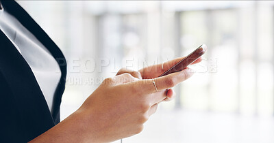 Buy stock photo Hands, business and woman in office, smartphone and message to contact, social media and email. Person, closeup and accountant in workplace, cellphone and website info for economy news and connection