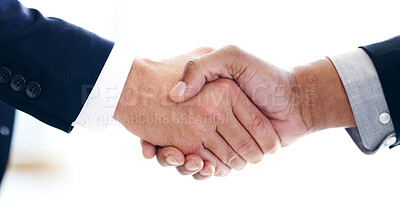 Buy stock photo Closeup, business people and handshake in office, thank you and agreement for b2b deal. Employees, contract and coworking with collaboration, shaking hands and support with partnership and welcome