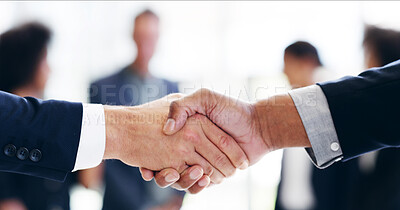 Buy stock photo Closeup, business people and handshake in office, welcome and cooperation for b2b deal. Employees, partnership and coworking with collaboration, shaking hands and thank you with agreement or greeting