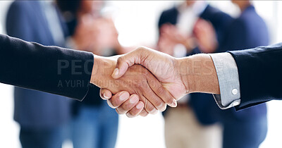 Buy stock photo Closeup, business people and handshake in office, partnership and cooperation for b2b deal. Employees, company merger and coworking with collaboration, shaking hands and thank you with agreement