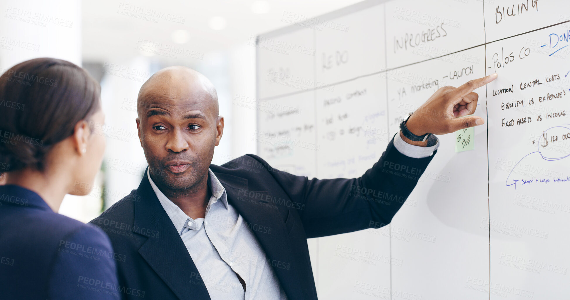 Buy stock photo Whiteboard, discussion or business people in meeting with task, schedule or project management. Pointing, list or team with timeline for brainstorming for progress, development or company resources