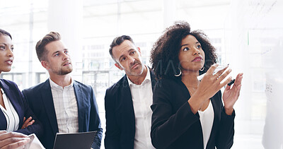 Buy stock photo Whiteboard, planning or business people in meeting with manager, task or project management. Schedule, checklist or leader with timeline for brainstorming for agenda, development or company resources