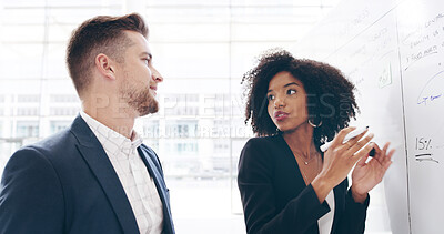 Buy stock photo Whiteboard, planning or business people in discussion with manager, task or project management. Training, ideas or leader with teamwork for brainstorming for agenda, development or company resources