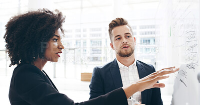 Buy stock photo Woman, man and discussion by board, finance and review for profit, revenue or increase with insight at office. Business people, team and accounting for notes, feedback and talk with stats at agency