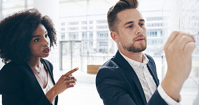 Buy stock photo Business people, writing and discussion with whiteboard for strategy, planning or meeting in office. Businessman, woman or employees for conversation, advice or training for research or brainstorming