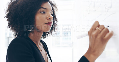 Buy stock photo Black woman, writing and finance on board in office with review, budget and solution for revenue increase. African person, wealth planner or investor at company with notes for stock market research
