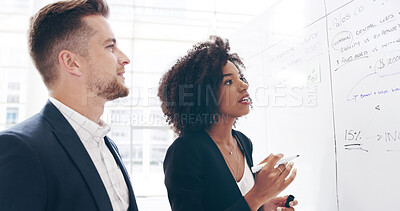 Buy stock photo Ideas, planning or business people in office with whiteboard, task list or project management. Schedule, coach or leader with timeline for brainstorming for agenda, development or company resources