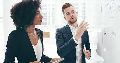 Buy stock photo Sales, planning or business people in meeting with whiteboard, financial strategy or project report. Revenue increase, coach or leader brainstorming for growth ideas, development or company resources
