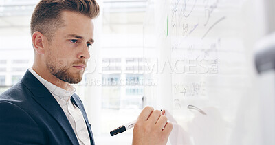 Buy stock photo Business, writing and man with whiteboard, planning for company growth and brainstorming. Sales consultant, professional and employee in office, brand development and decision with vision for project