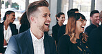 Business, seminar and man with laughing in audience for workshop feedback, ice breaker or funny presentation. Corporate training, people and happy for employee engagement, financial joke or listening