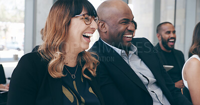 Buy stock photo Business, presentation and people with laughing in audience for corporate training, ice breaker and funny conference. Workshop, group and happy for employee engagement, financial joke and work event