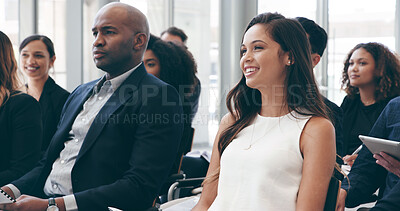 Buy stock photo Smile, convention and seminar with business woman at conference for speech, discussion and workshop. Presentation, crowd and learning with group of people for corporate, tradeshow and event together