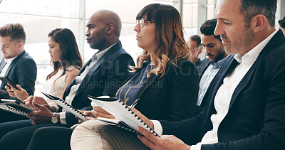 Buy stock photo Documents, convention and seminar with business woman at conference for speech, discussion and workshop. Presentation, crowd and learning with group of people for corporate, tradeshow and event