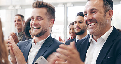 Buy stock photo Audience, applause and business people in conference for presentation, workshop event and seminar in office. Corporate, company and workers clapping hands for success, meeting and collaboration