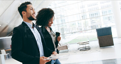 Buy stock photo Business people, smile and walking in lobby for opportunity, professional and career in news agency. Journalist, editor and paper in office for company development, consultant or press for occupation