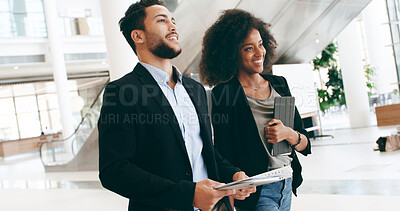 Buy stock photo Business people, smile and walk in lobby for confidence, professional and career in news agency. Journalist, editor and paper in office for company publisher, consultant or pride for occupation