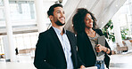 Business people, smile and pride in lobby for confidence, professional and career in news agency. Journalist, editor and paper in office for company publisher, consultant or walking for occupation