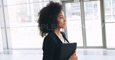 Buy stock photo Business, walking and black woman with tablet, profile and confidence with career ambition. African person, corporate professional and financial consultant in hallway, technology and occupation