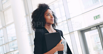 Buy stock photo Walking, tablet and conference with business woman for meeting schedule, seminar and appointment. Convention center, airport trip and travel with African person in lobby for networking event