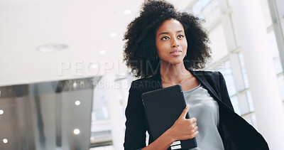 Buy stock photo Business, walking and black woman in hallway, tablet and confidence with technology. African person, corporate professional and financial consultant in office, occupation and pride with dedication