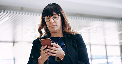 Buy stock photo Business woman, smartphone and thinking in office lobby with social media, email or convention networking. Communication, internet and consultant with phone, mobile app and chat online for conference